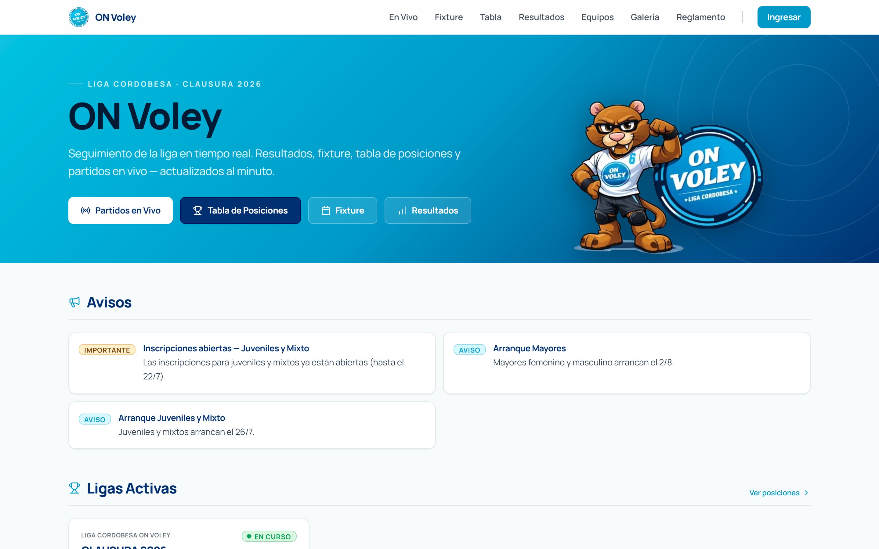Sitio web de ON Voley en escritorio